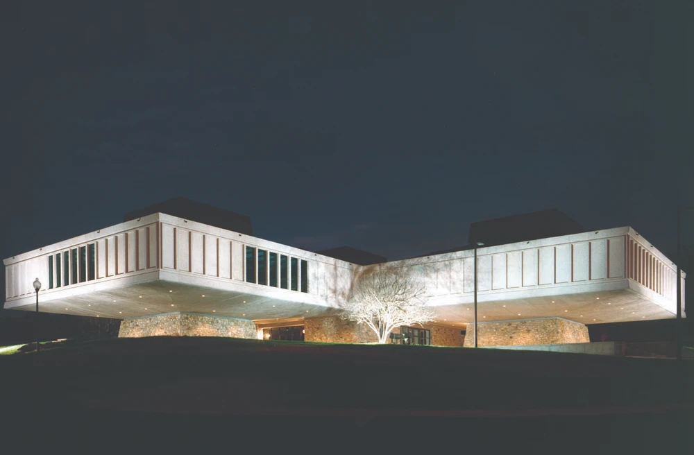 Nighttime shot of a conference center